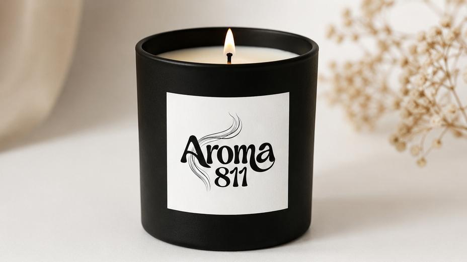  Uma fotografia de produto em close-up de uma vela aromática acesa. A vela está contida em um copo de vidro preto fosco e é coberta com cera branca. O pavio central está aceso, emitindo uma chama constante e brilhante. Na parte frontal do copo preto, há um rótulo de papel branco quadrado com a marca 'Aroma 811' impressa em uma tipografia preta estilizada e ondulada, correspondente ao logotipo da marca. A vela está apoiada em uma superfície limpa e de cor creme claro. Ao fundo, ligeiramente desfocado, há um pequeno arranjo de flores secas e delicadas. A iluminação é suave e natural.